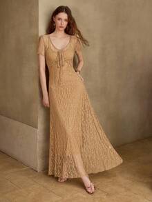 MOTF PREMIUM WOMEN'S TIE DETAIL LACE DRESS - Khaki - View 4