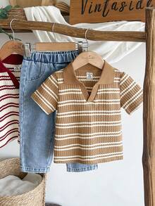 SHEIN Vintaside Kids 男童休闲翻领短袖上衣搭配时尚水洗牛仔裤套装，适合日常穿着、家庭露营、外出就餐或购物。 - 棕色 - 查看 3