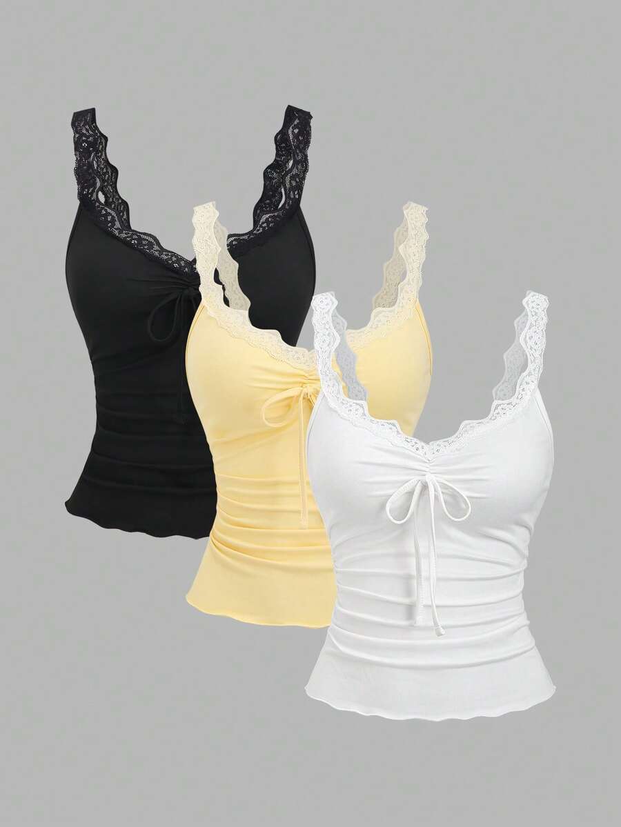 Sweetra Top de camisola con recorte de encaje, estilo dulce y elegante para vacaciones - Multicolor - Ver 1