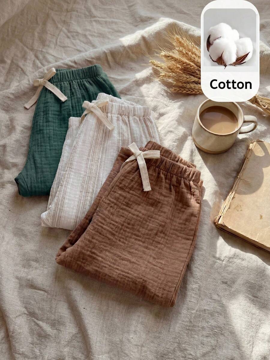 SHEIN 3pcs Baby Boy/Girl Casual Striped Crepe Pants, Suitable For Summer, Spring, Autumn, Basic Multi-Pack - Multicolor - View 1
