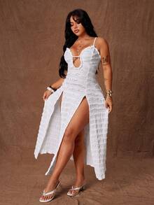 Rustia Plus Size Women's Sheer Sexy Slit Dress, Lace Trim Hollow Out Spaghetti Strap Bodycon Dress - White - View 6