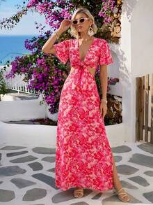 Vivid Eden 女士优雅浪漫度假沙滩装碎花吊带镂空连衣裙，女士V领连衣裙，女士粉色连衣裙 - 粉色 - 查看 3