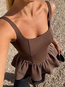 DAZY Women's Solid Color Square Neck Waist Splice Ruffle Hem Zipper Elegant Summer Vacation Camisole Babydoll Top - Brown - View 7