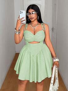 Maweii Plus Size Refreshing Mori Style Korean Elegant Spaghetti Strap Dress - Green - View 2