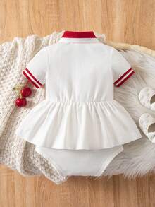 SHEIN Bộ áo liền quần cổ bẻ thêu hình quả anh đào tối giản, phong cách thường ngày cho bé gái, thích hợp cho mùa xuân/hè. - Đỏ - Xem 2