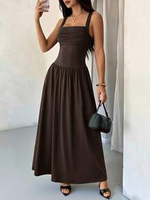 PETITE Vestido evasé de unicolor marrón café con cuello cuadrado elegante para mujer, primavera/verano - Café integral - Ver 9