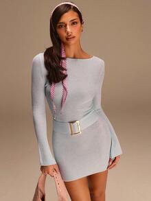 Athîral 女士休闲度假长袖浅蓝色针织迷你连衣裙 - 淺藍色 - 查看 4