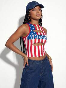 Gowayae 2026 Summer New Y2K American Retro AMERICA Flag Print Cutout Sleeveless Crop Top For Women Slim Fit Sexy Tank Top Music Festival Daily Wear 2000s Style - Red and White - View 8