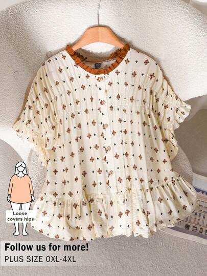 CosyJoli 大码女式印花衬衫，荷叶边休闲宽松夏季服装，褶皱下摆连衣裙，休闲衬衫