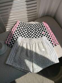 SHEIN EZwear 2026春夏新款豹纹运动马术标志两件套，女士休闲格纹豹纹针织拼接宽松短裤，适合运动爱好者、比赛日、暑假、音乐节、假日季穿着。动物纹两件套短裤，女士舒适短裤，豹纹短裤，女士夏季短裤，休闲条纹短裤 - 彩色 - 查看 4