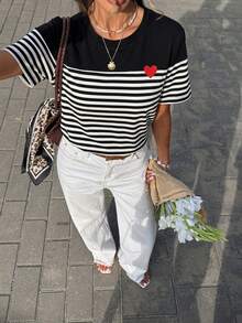 SHEIN Frenchy 女士休闲简约圆领短袖宽松T恤，条纹印花，女士休闲装 - 彩色 - 查看 2