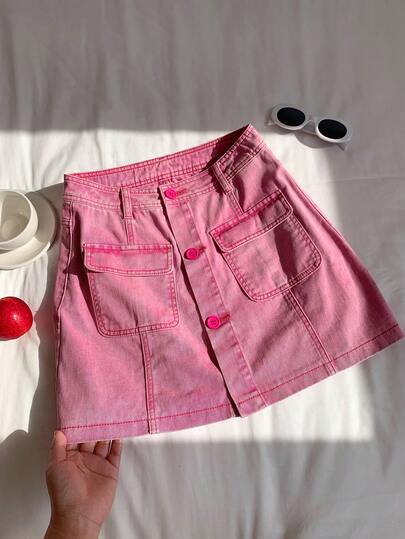 Comfortcana Chân váy denim ngắn nữ màu trơn có túi, kiểu dáng thường ngày, thích hợp cho mùa xuân/hè.