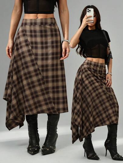 SHEIN PETITE 2025新款极简主义冬季女士棕色格子裹身不对称下摆时尚百搭半身裙，适合外出穿着，优雅连衣裙，女士休闲装，圣诞派对裙装，新年正式礼服，秋季，女士秋装，女士冬装