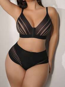 SHEIN 2 piezas Conjunto de lencería sexy con parches de malla de talla grande - Negro - Ver 5