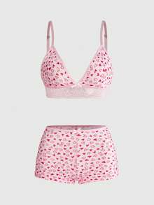 ROMWE Kawaii Lace Patchwork Heart Print Women's Lingerie Set - Pink - View 1
