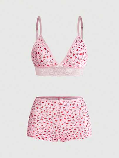 ROMWE Kawaii Lace Patchwork Heart Print Women's Lingerie Set