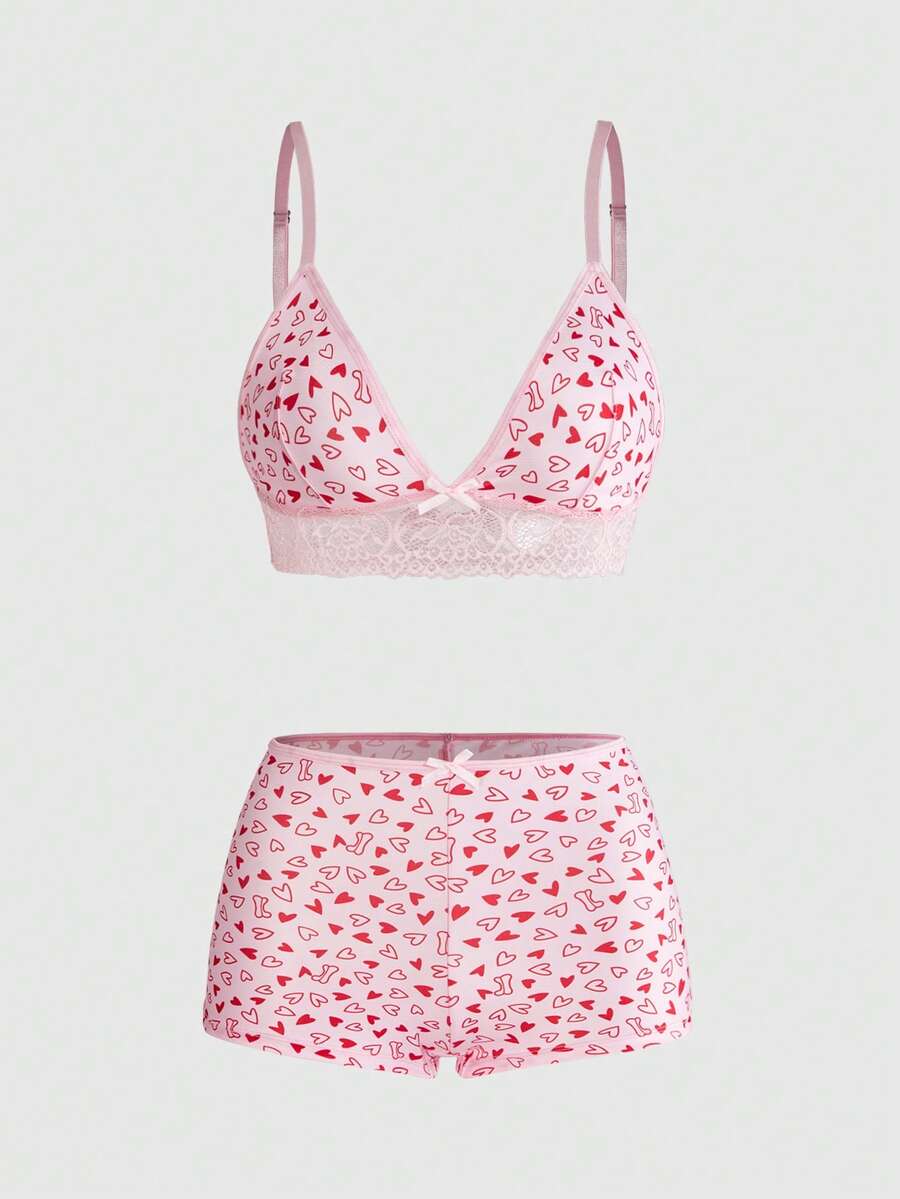 ROMWE Kawaii Lace Patchwork Heart Print Women's Lingerie Set - Pink - View 1