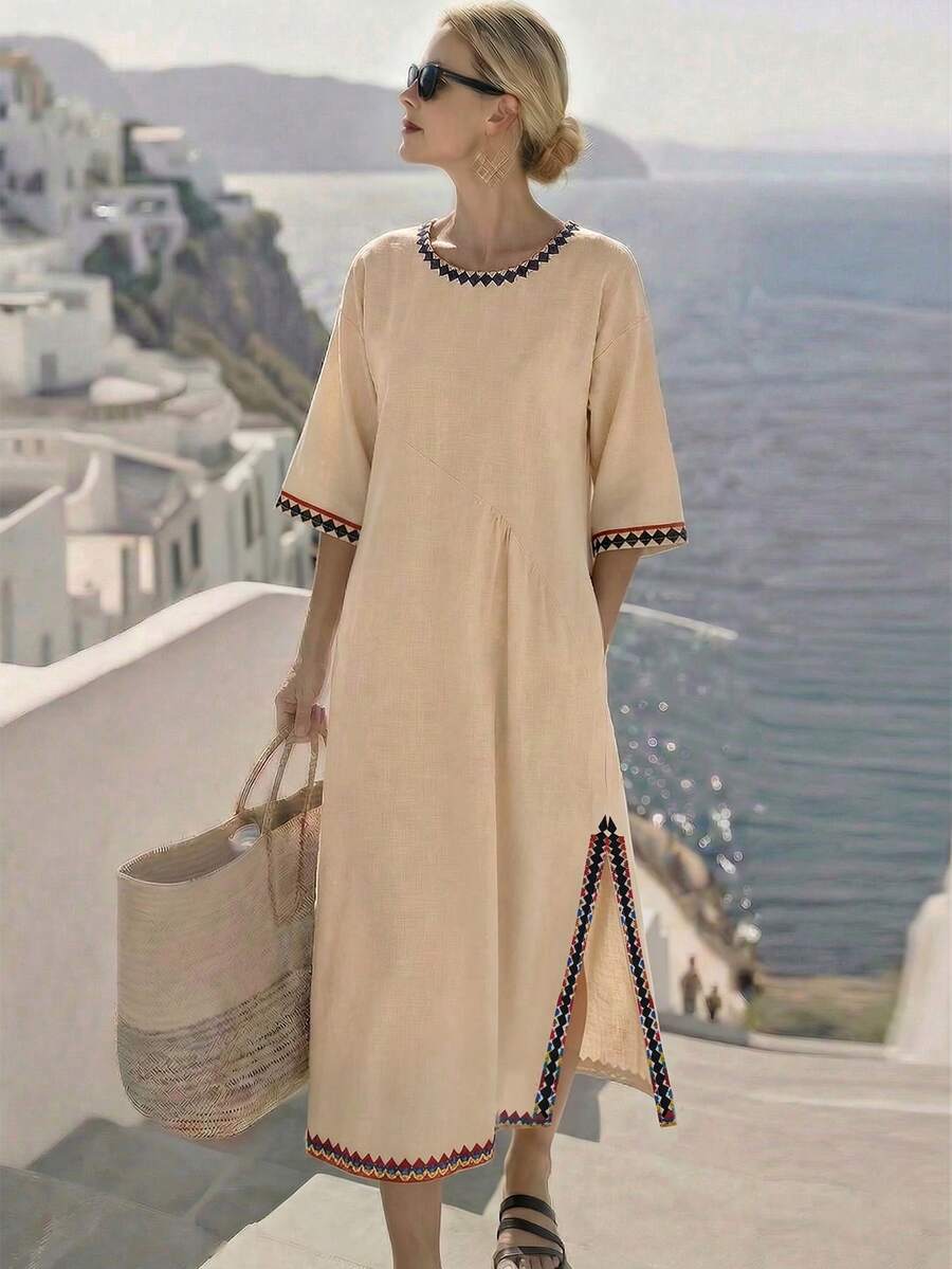 Breezaya Women's Spring Summer Island Vacation Casual Elegant Tropical Outgoing Beach Dress Round Neck Contrast Color Print Pleated Design Loose Long Sleeve - Multicolor - View 1