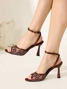 CUCCOO CHICEST 女鞋网纱材质，夏季时尚百搭高跟鞋，新款性感细高跟凉鞋 - 咖啡棕 - 查看 5