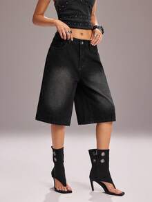 Y2Kool BiGraphic Short en jean délavé noir coton Y2K, coupe ample et décontractée, longueur mi-cuisse pour femmes. Convient pour les fêtes de printemps/été, les festivals et le port quotidien - Noir - Voir 1