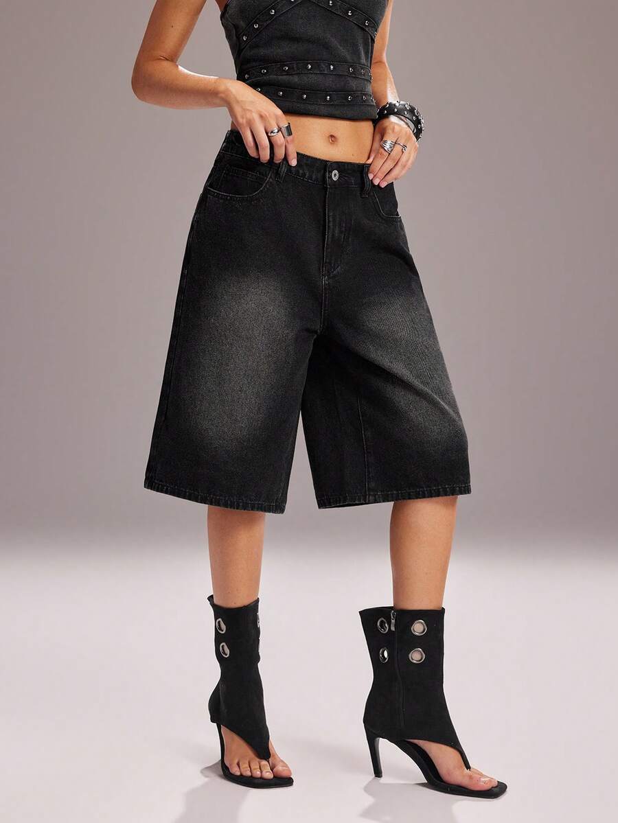 Y2Kool BiGraphic Short en jean délavé noir coton Y2K, coupe ample et décontractée, longueur mi-cuisse pour femmes. Convient pour les fêtes de printemps/été, les festivals et le port quotidien - Noir - Voir 1