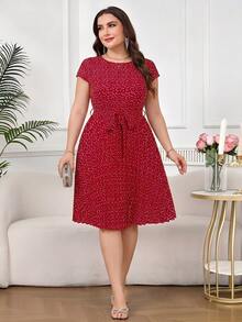 SHEIN Clasi Plus Size Elegant Burgundy Summer Dress For Women,Vintage Heart Print Pleated Everyday Casual Outfit,Luxury Wedding Guest Party Prom Formal Dresses - Red - View 1