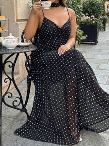 GalTyme Plus Size Black Polka Dot Spaghetti Strap Dress, Summer - Black - View 1