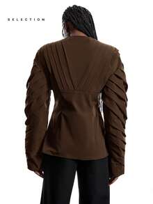LYSMO Camisa de vacaciones con cuello en V profundo y plisado para mujer, marrón - Marrón - Ver 2