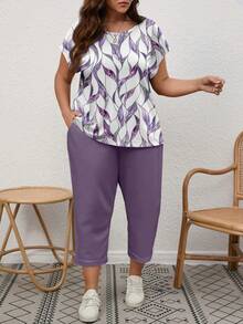 EMERY ROSE Plus Size Summer Casual All-Over Print Batwing Sleeve Round Neck Top And Pants 2 Pieces Set - Khaki - View 5