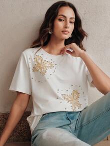 Anewsta Solid Color Minimalist Beaded Butterfly Rhinestone Decor Round Neck Short Sleeve Women's T-Shirt - White - View 8