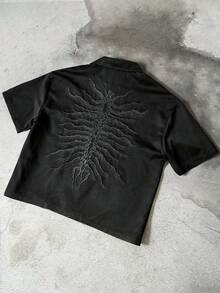 PAVTROS 男士街头时尚INS风暗蝎刺绣休闲宽松衬衫，男友/老公礼物，周年纪念礼物 - 黑色 - 查看 1