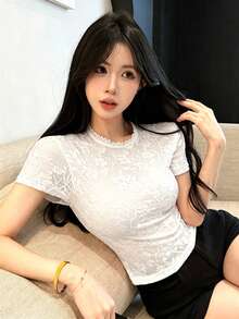 DAZY 白色碎花蕾丝短款上衣，适合婚礼、派对、音乐节等场合，修身短袖T恤，春夏款 - 白色 - 查看 4