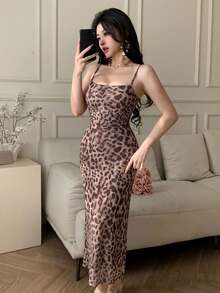 DAZY Women's Leopard Print Fashionable Vacation Side Slit Fishtail Hem Bodycon Cami Dress Summer Sundress - Brown - View 2