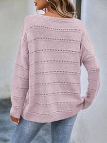 EMERY ROSE Women's Casual Sexy Solid Color Round Neck Drop Shoulder Sweater, Suitable For Spring And Autumn Golf Pastal - Pink - View 2
