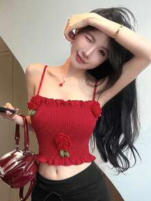 DAZY Women's Vacation Style Beach Crochet Flower Decor Ruffle Hem Camisole, Spring & Summer Crop Top - Red - View 6