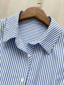 Franclia Conjunto de 2 piezas para mujer con bloqueo de color, cuello a rayas, cintura plisada y mangas cortas - Azul - Ver 5