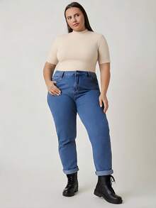 SHEIN BASICS 大码女式纯色短袖修身针织T恤 - 杏色 - 查看 6