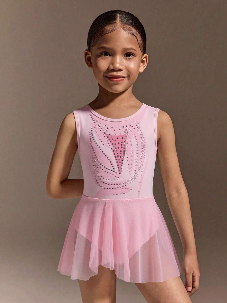 SHEIN Girls' White Elastic Knit Skin-Friendly Leotard Skirt, Soft Fabric Suitable For 4-7 Years Old Children, Suitable For Ballet, Gymnastics, Daily Practice, Outings, Parties And Other Occasions - Pink - View 1