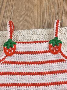 2pcs Baby Girls Sleeveless Red And White Stripe Top,Strawberry Embroidery Decor,Elastic Waist Shorts,Summer Cute Vacation Casual Sweet Set For Daily - Red and White - View 7