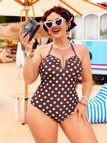 Swim Mod Traje de baño de una pieza con bloques de color y lunares, minimalista y dulce, talla grande, nueva llegada del verano 2026 - Multicolor - Ver 7