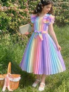 1 pieza Vestido tejido elegante con estampado digital de arcoíris para niñas preadolescentes, con volantes en el bajo, mangas abultadas, cinturón en la cintura, adecuado para uso diario, fiestas, banquetes y vacaciones casuales - Celeste - Ver 1
