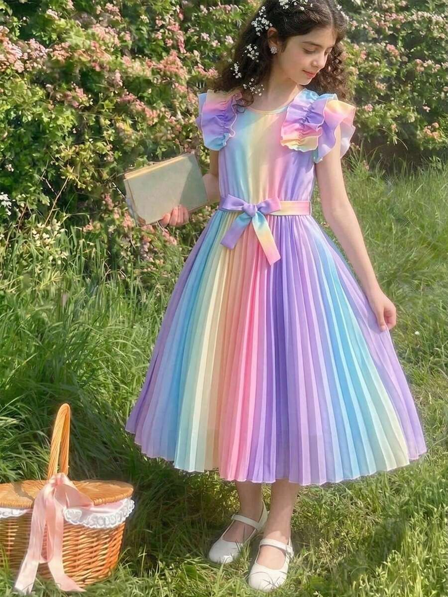 1 pieza Vestido tejido elegante con estampado digital de arcoíris para niñas preadolescentes, con volantes en el bajo, mangas abultadas, cinturón en la cintura, adecuado para uso diario, fiestas, banquetes y vacaciones casuales - Celeste - Ver 1