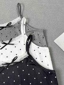 Tween Girl 3pcs Summer Casual Beach Vacation Polka Dot Print Contrast Lace Bow Decor Camisole - Multicolor - View 4