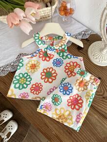 SHEIN 女嬰 6個月-3歲 2件/套 白色夏季可愛度假優雅花卉印花無袖荷葉邊上衣與短褲休閒寬鬆套裝 - 彩色 - 查看 6