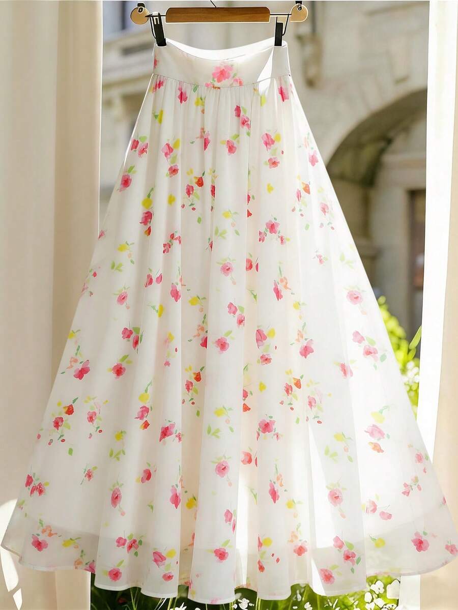 SHEIN Franclia 女士印花休闲度假半身裙，夏季 - 白色 - 查看 1