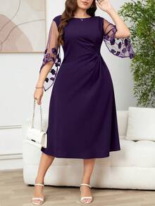 Reflora Đầm xòe tay bồng thanh lịch dành cho nữ cỡ lớn, thêu hoa, phối lưới. - Màu tím - Xem 3