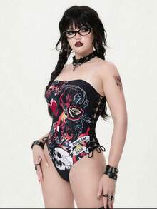 ROMWE Women's Elegant Gothic Skull Rose Print Halter One-Piece Swimsuit, Suitable For Beach, Resort, Vacation In Spring, Summer And Autumn Goth Bathing Suits For Women - Black - View 5