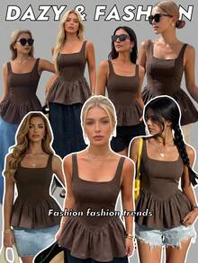 DAZY Women's Solid Color Square Neck Waist Splice Ruffle Hem Zipper Elegant Summer Vacation Camisole Babydoll Top - Brown - View 12