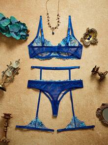 PinupPomp 3 Stücke Sexy Dessous Set für Frauen, hellviolett für den Ausgang - Blau - Übersicht 2