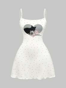 ROMWE Kawaii 可爱波点爱心印花迷你连衣裙，春夏学院风 - 白色 - 查看 1